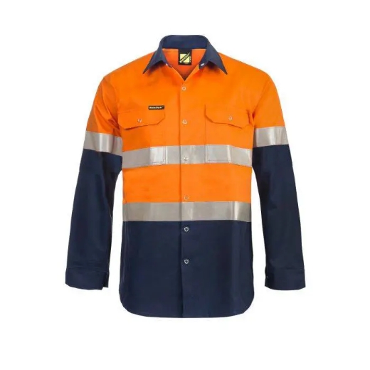 Picture of WorkCraft, Hi Vis Two Tone Long Sleeve Cotton Drill Shirt W Industrial Laundry Reflective Tape And Press Studs